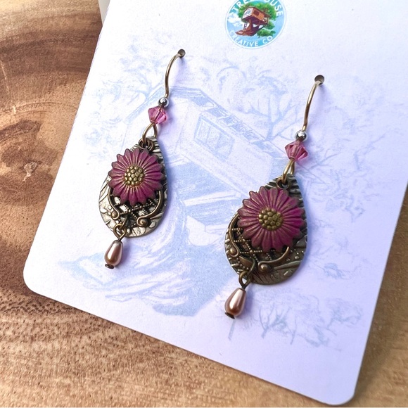 Pink and Gold Floral Dangle Drop Earrings - Picture 2 of 6